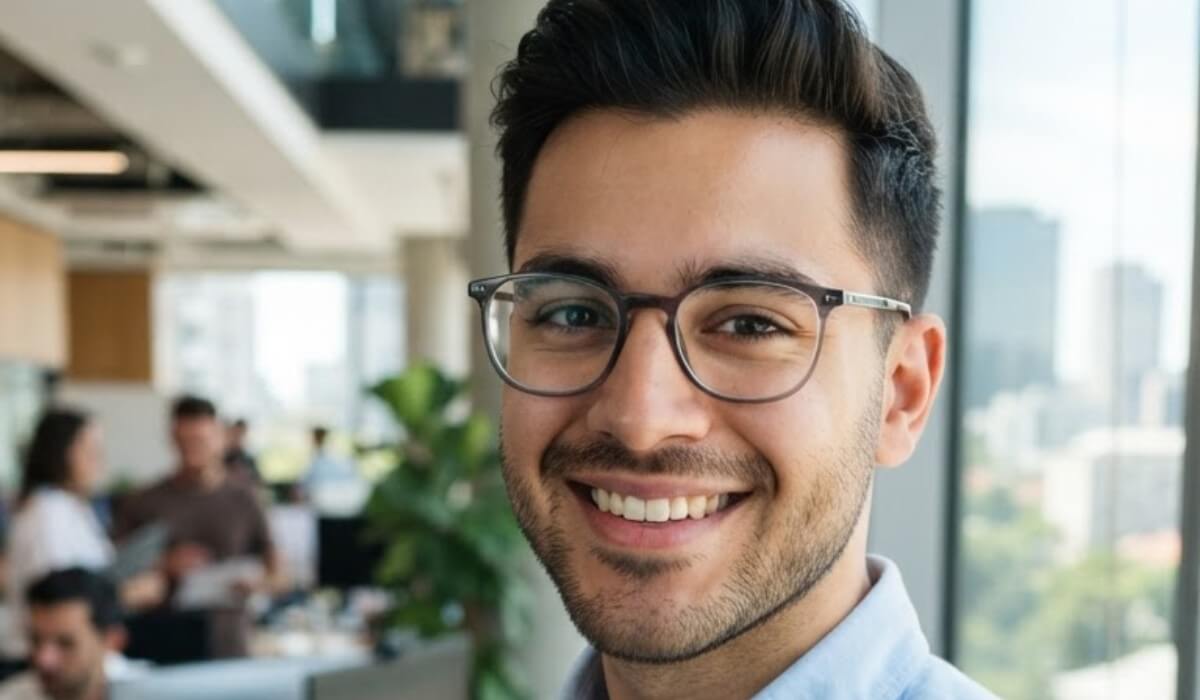 Smiling man with glasses in an office, original still photo