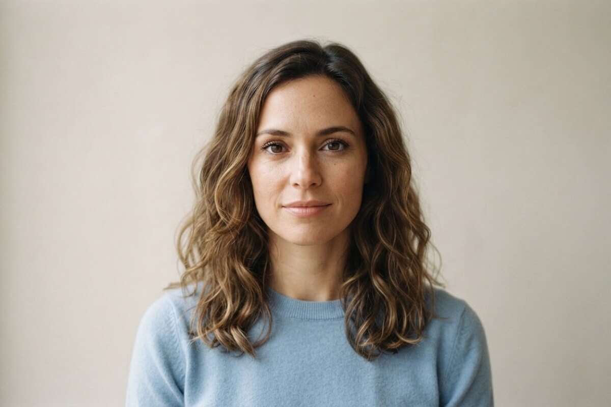 Front facing face lit evenly by soft daylight with a relaxed closed mouth