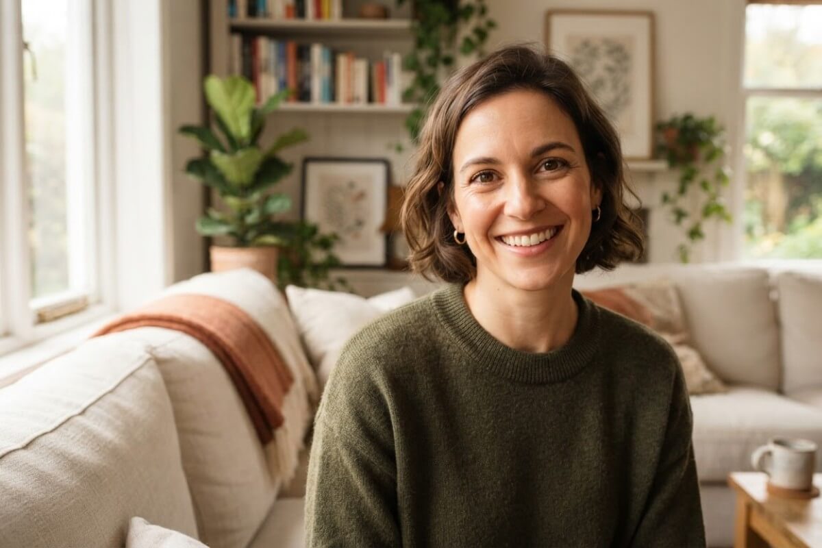 Smiling woman by a window, face turned toward the camera in natural light