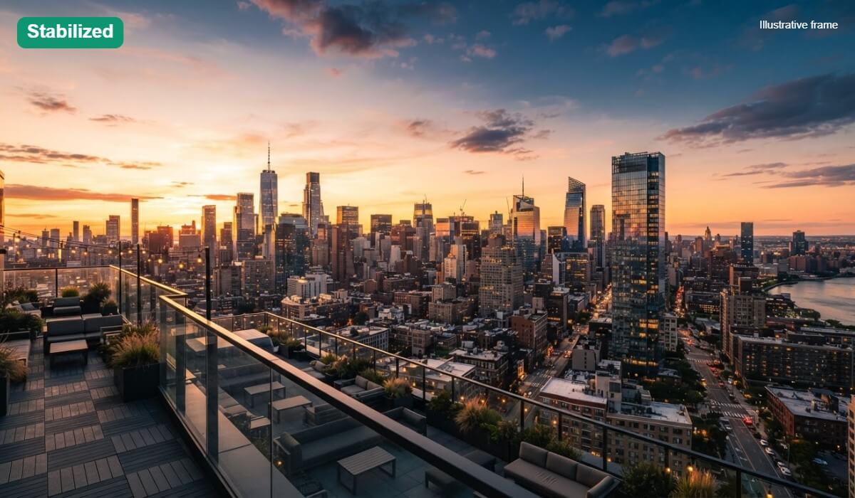 A rooftop clip of a city skyline, shown as an illustrative steady frame labeled Stabilized