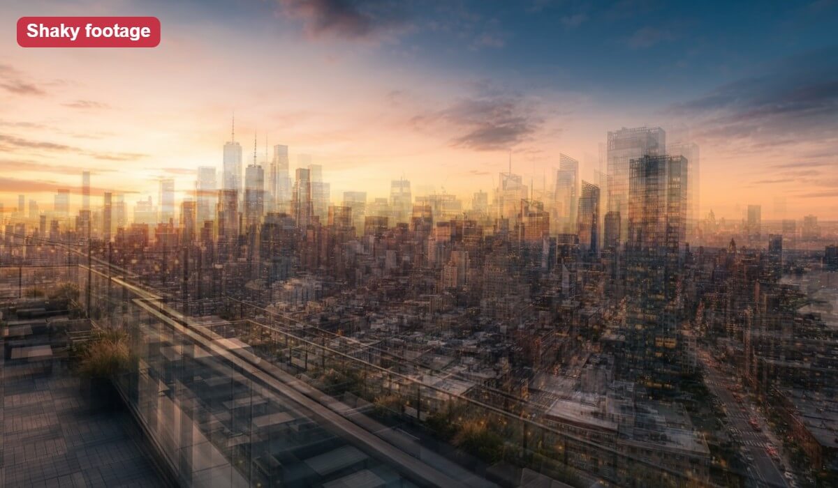 A rooftop clip of a city skyline, shown as an illustrative shaky frame with blurred double edges