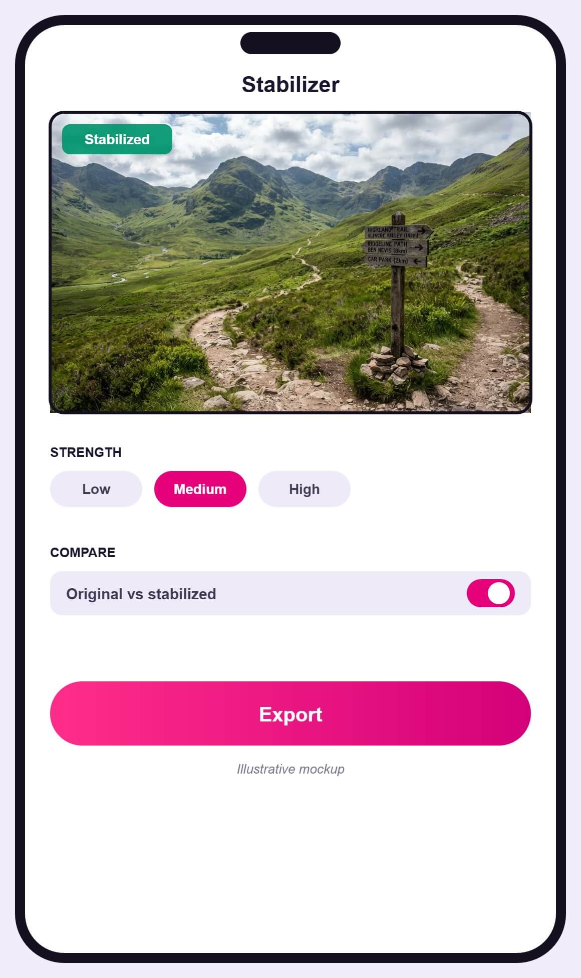 Illustrative mockup of a video stabilizer screen: a preview labeled Stabilized, strength choices, a compare toggle and an Export button