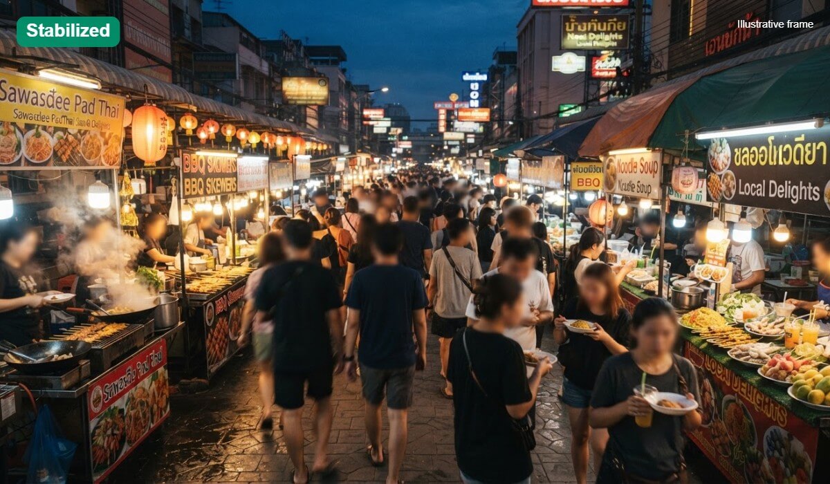 A handheld clip of a night market, shown as an illustrative steady frame labeled Stabilized