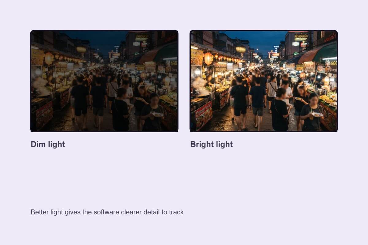 A dark and a bright version of the same market scene side by side, shown as an illustrative drawing