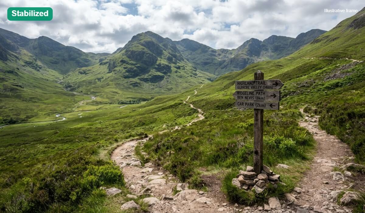 A walking clip of a mountain trail, shown as an illustrative steady frame labeled Stabilized