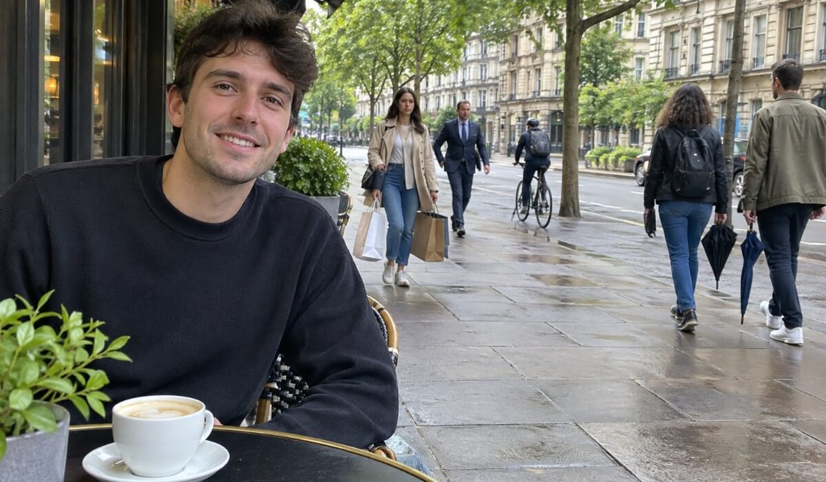 Man smiling at an outdoor cafe table with pedestrians and a cyclist passing on the street behind him