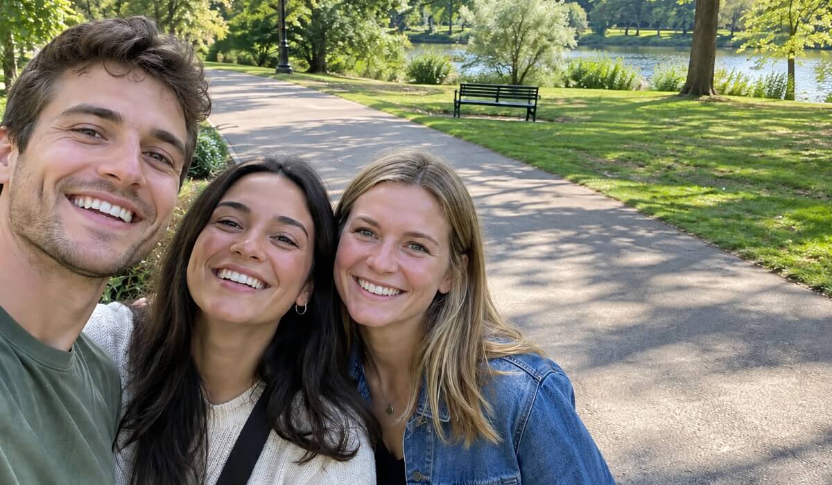 Same three friends on the park path after the background strangers were removed, leaving an empty path and lawn