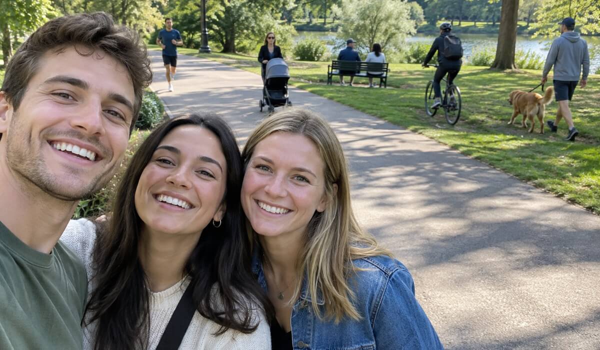 Three friends posing on a park path with strangers, a stroller, a cyclist and a dog walker behind them