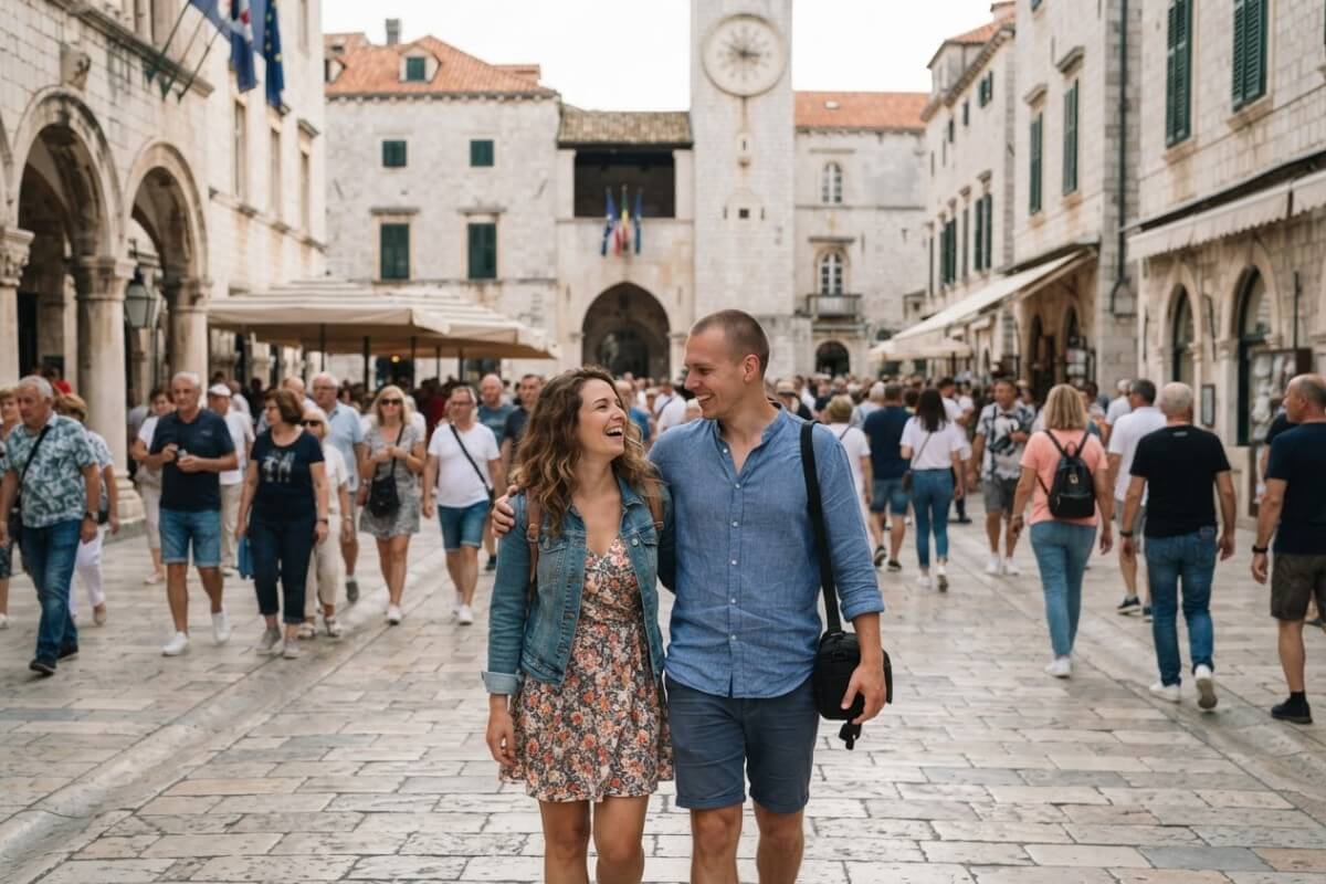 Smiling couple in the foreground of a crowded stone square full of walking tourists