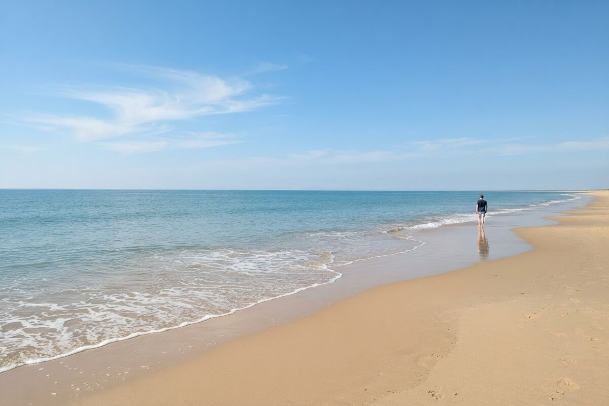 Wide sandy beach with calm sea and one distant person standing at the waterline