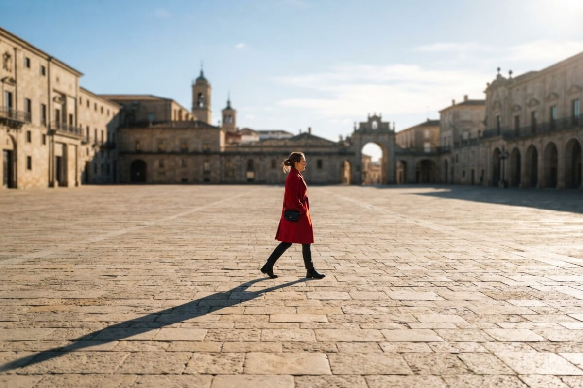 Woman in a red coat crossing a sunlit plaza with a long shadow on the pavement